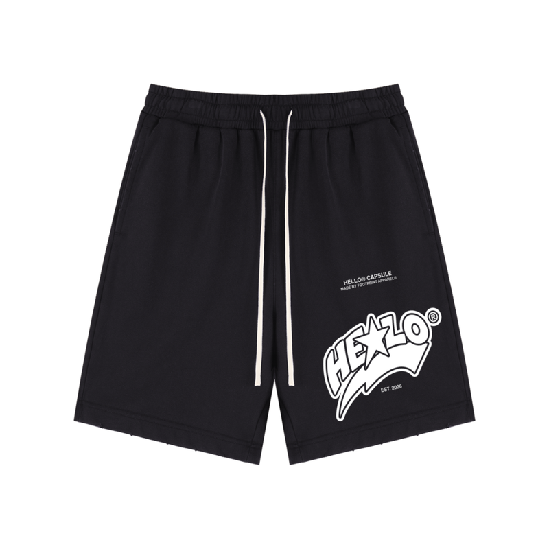 Black HELLO® WORLD Shorts with white drawstring – Footprint Apparel