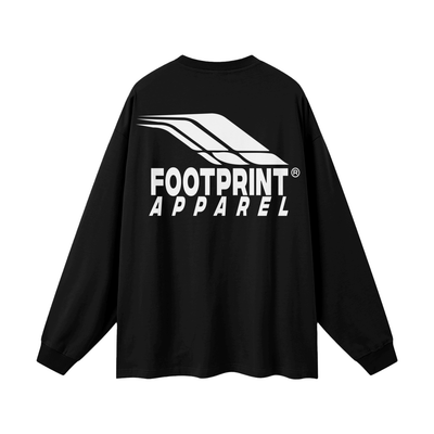 Footprint® Core Essential Long Sleeve black unisex shirt with logo on back.