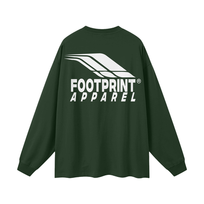 Footprint® Core Essential Long Sleeve in green with bold white logo on the back, unisex loose fit 100% cotton shirt.