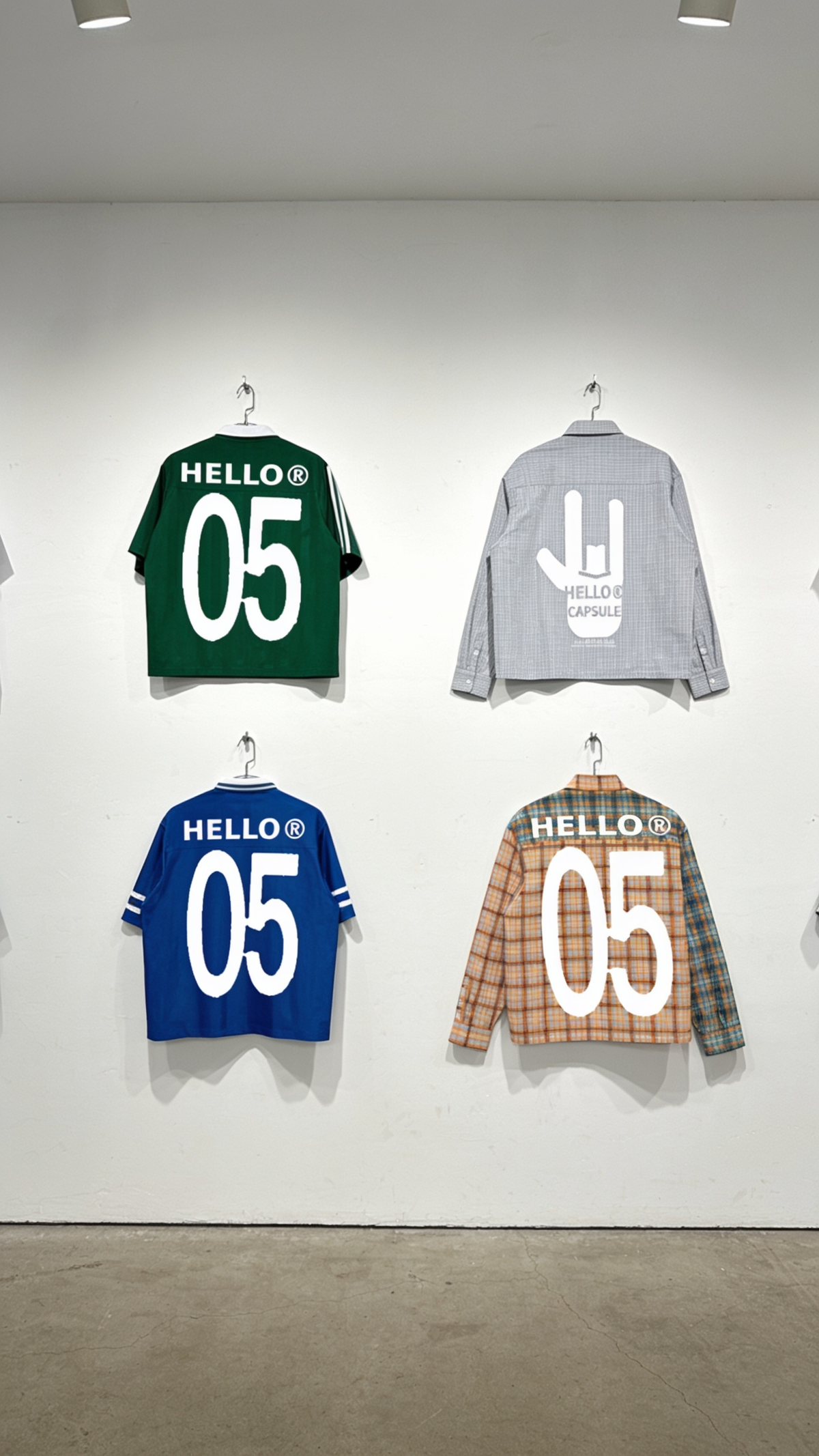 Four retro-style Footprint Apparel jerseys in green, blue, gray, and plaid
