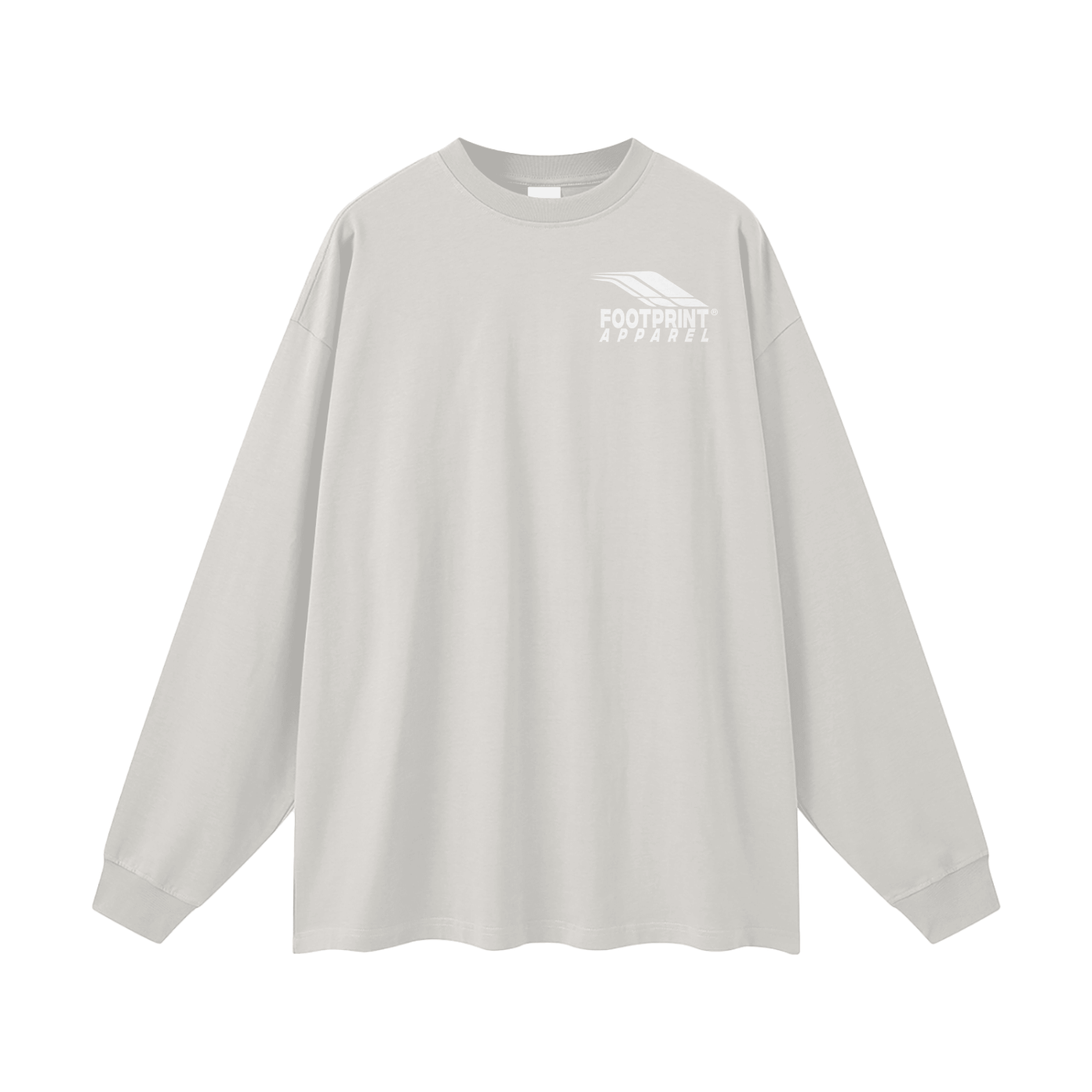 Footprint® Core Essential Long Sleeve T-shirt in light gray, unisex loose fit, 100% cotton, front view.