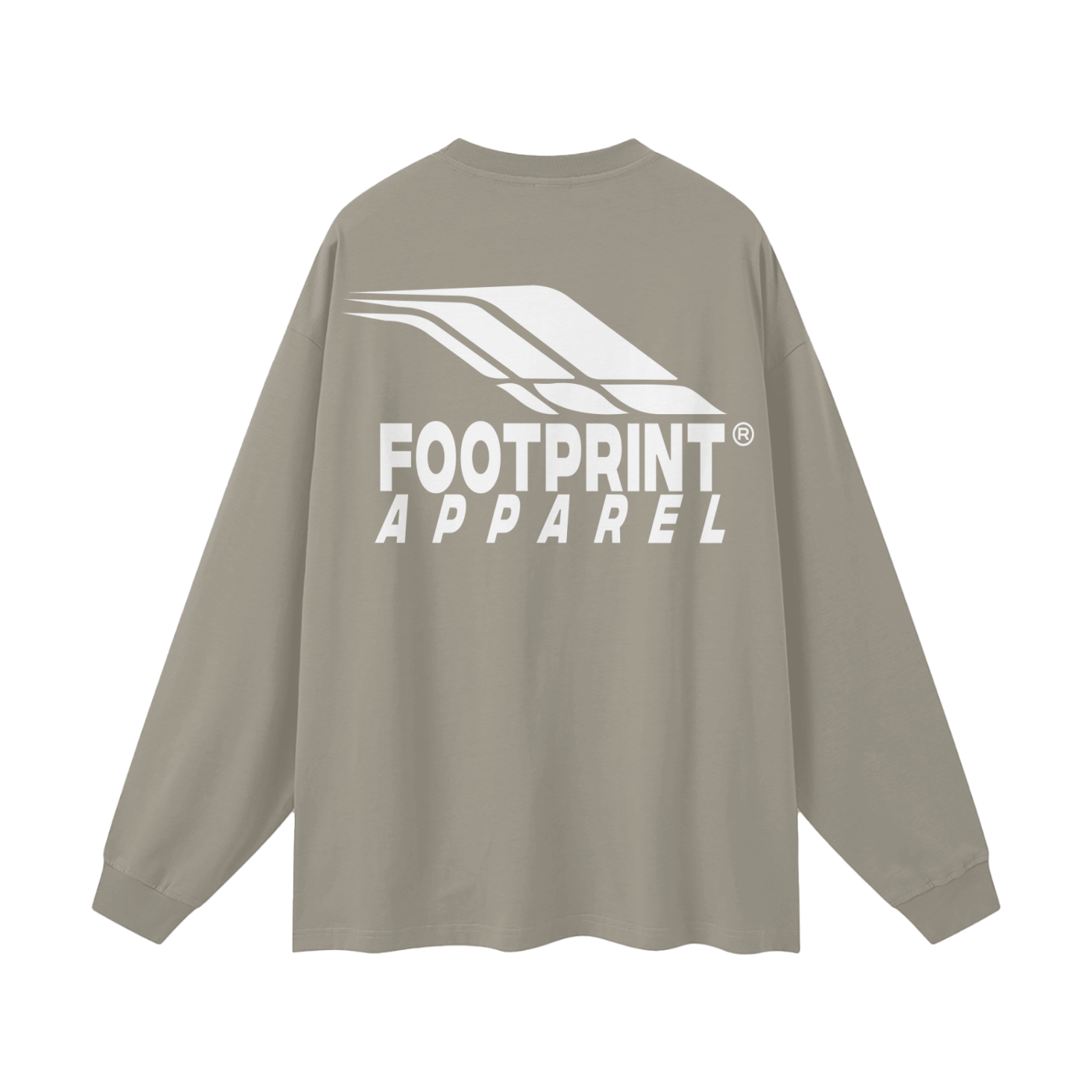 Back view of Footprint® Core Essential Long Sleeve unisex loose fit cotton shirt in beige with logo.