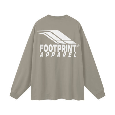Back view of Footprint® Core Essential Long Sleeve unisex loose fit cotton shirt in beige with logo.