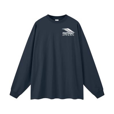 Footprint® Core Essential Long Sleeve unisex cotton shirt in navy blue with logo on chest.