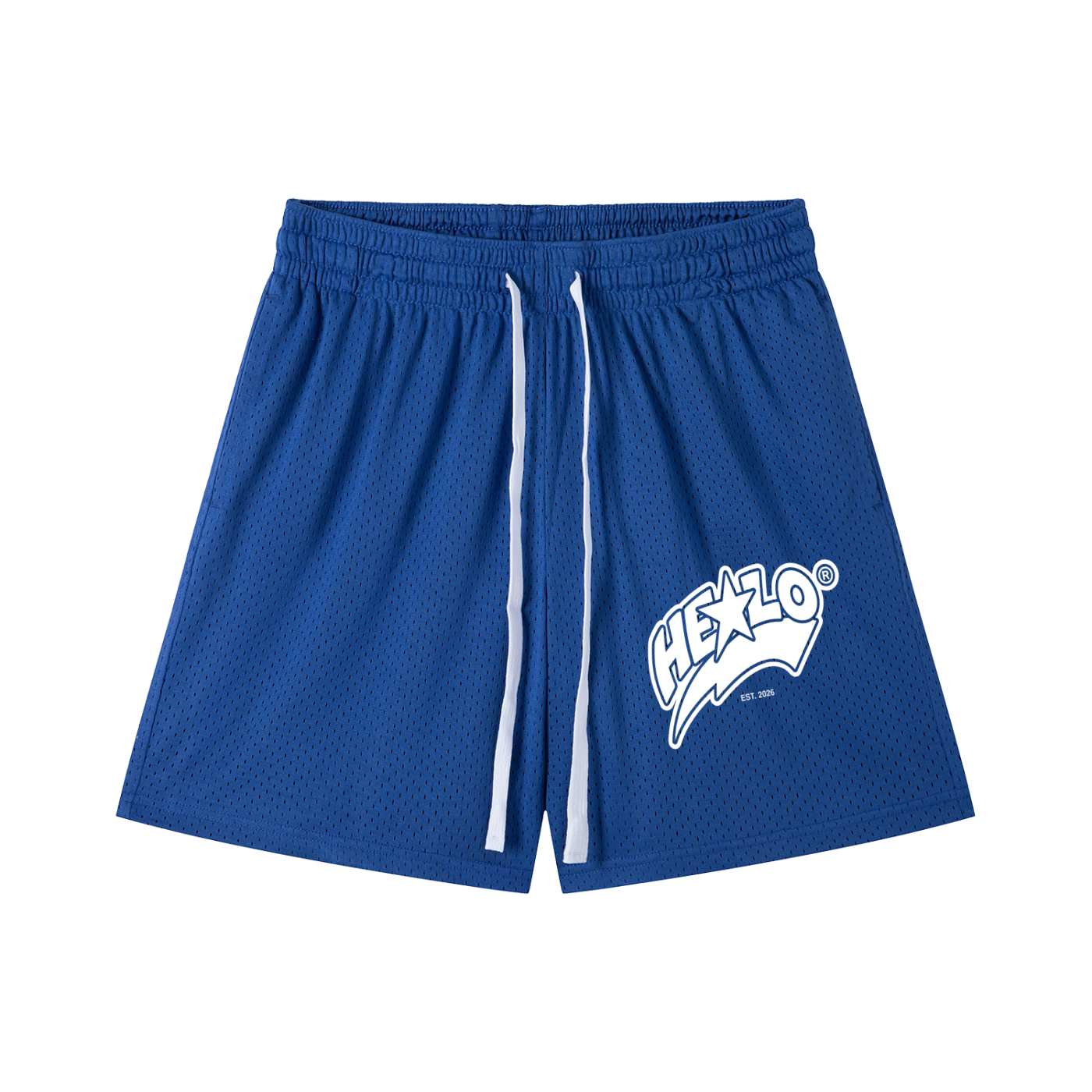 Footprint Apparel blue polyester mesh athletic shorts with a white drawstring and HELLO logo print.