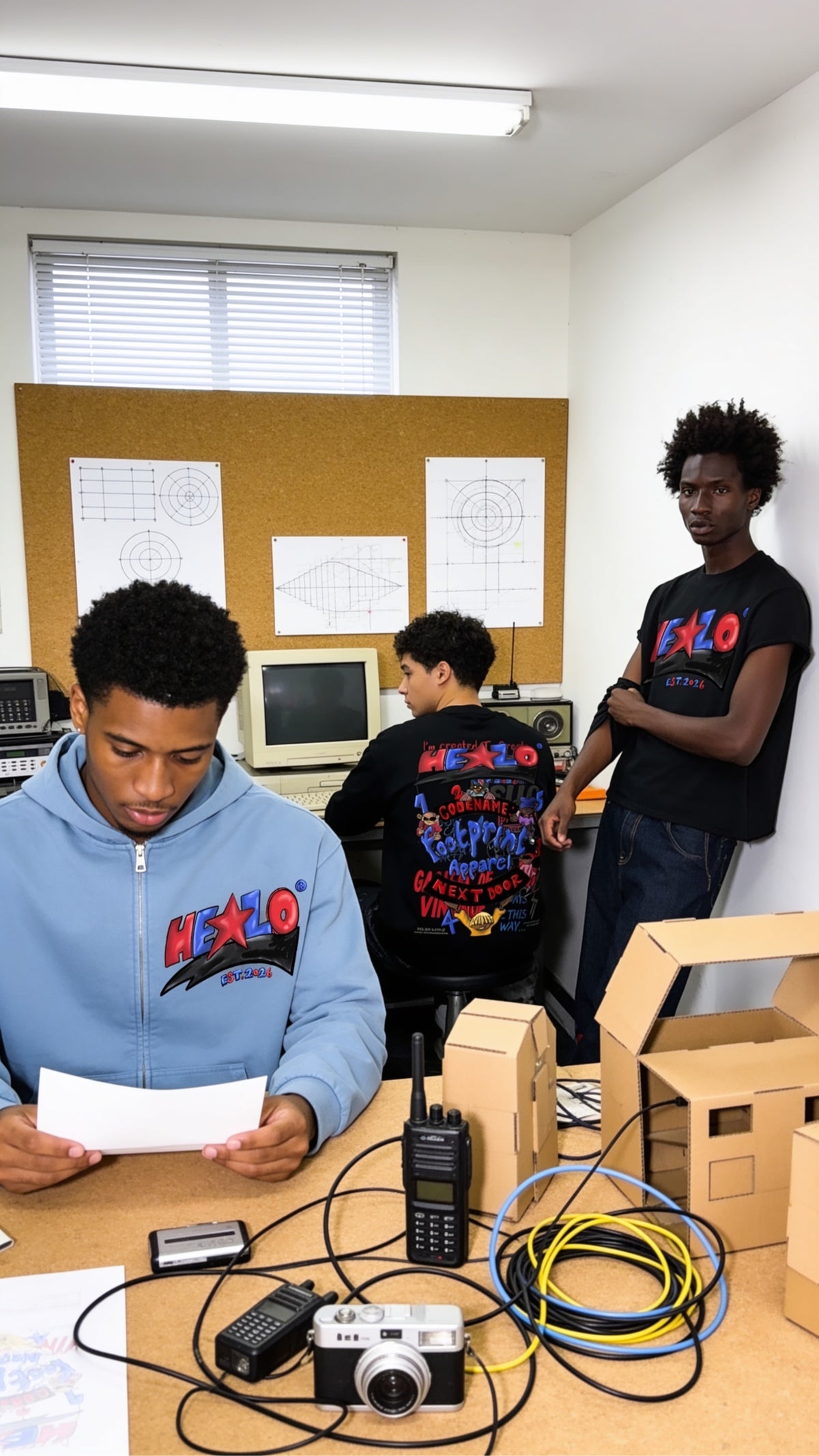 Three men in a studio wearing HELLO® and CODENAME pieces, including a black long-sleeve with a colorful CODENAME Footprint Apparel back graphic – Footprint Apparel