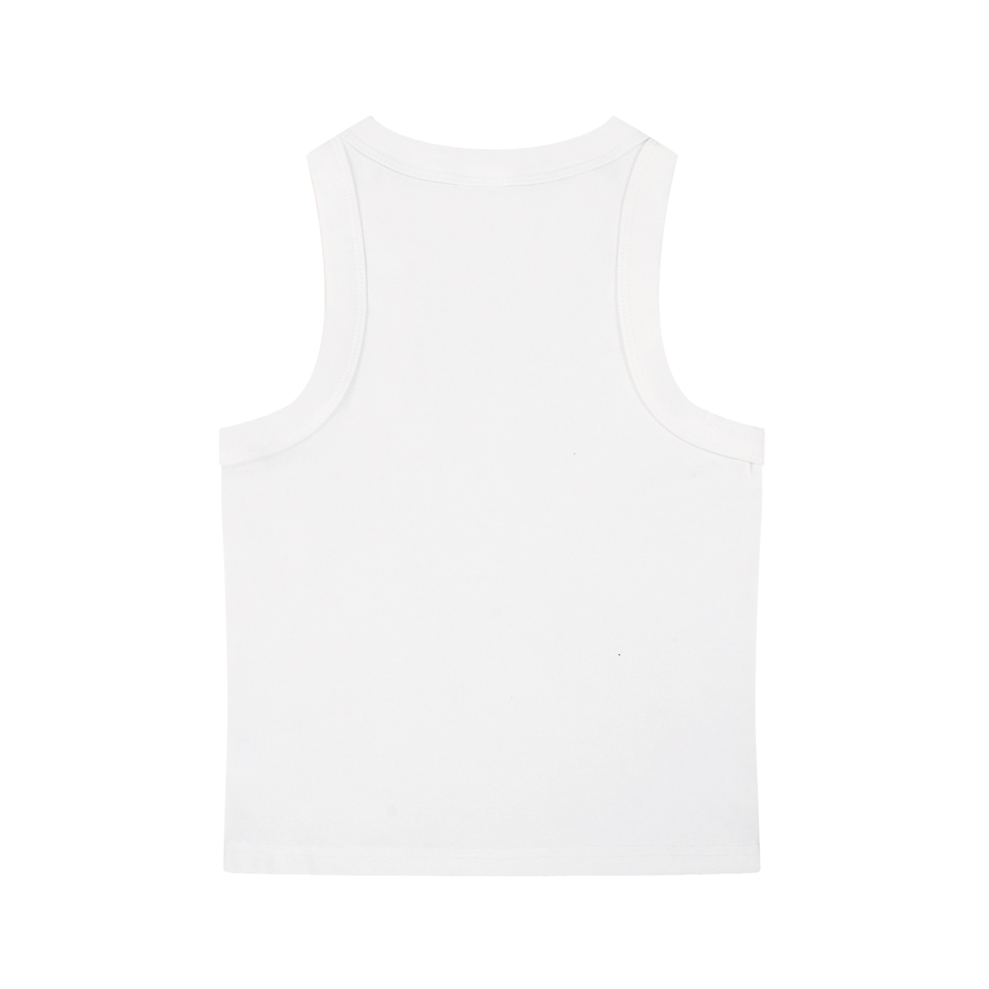 Footprint Apparel white cotton sleeveless crop tank top with a round neck, back view.