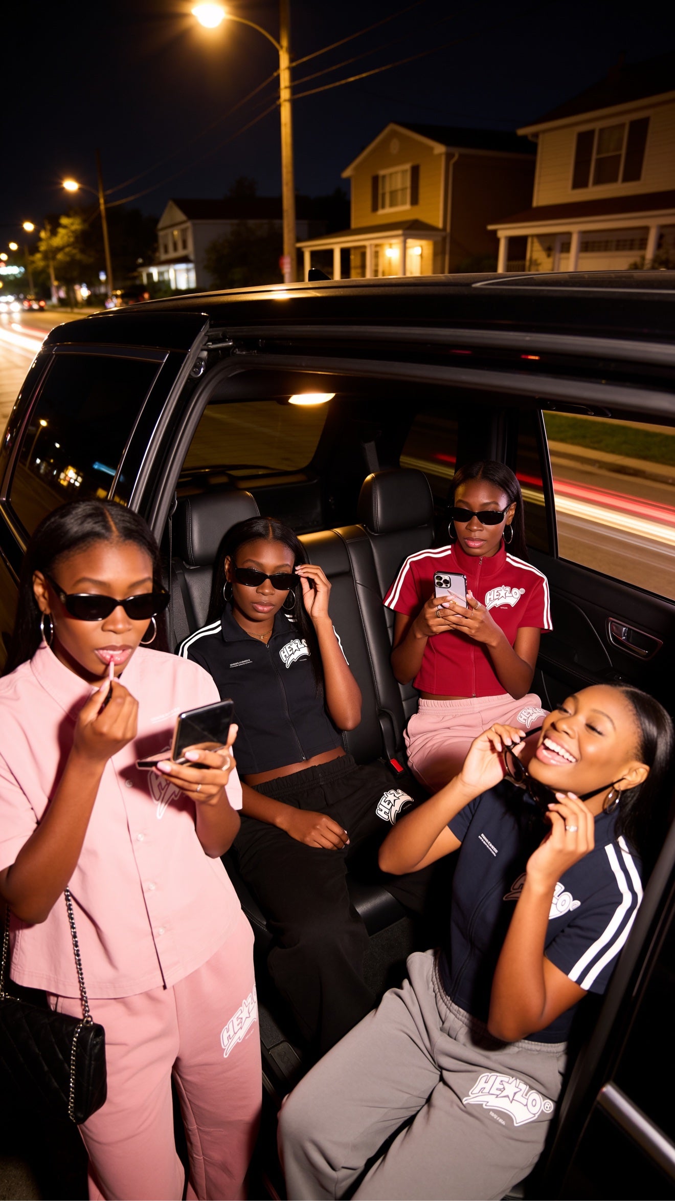 Women's HELLO crew posing in an SUV at night