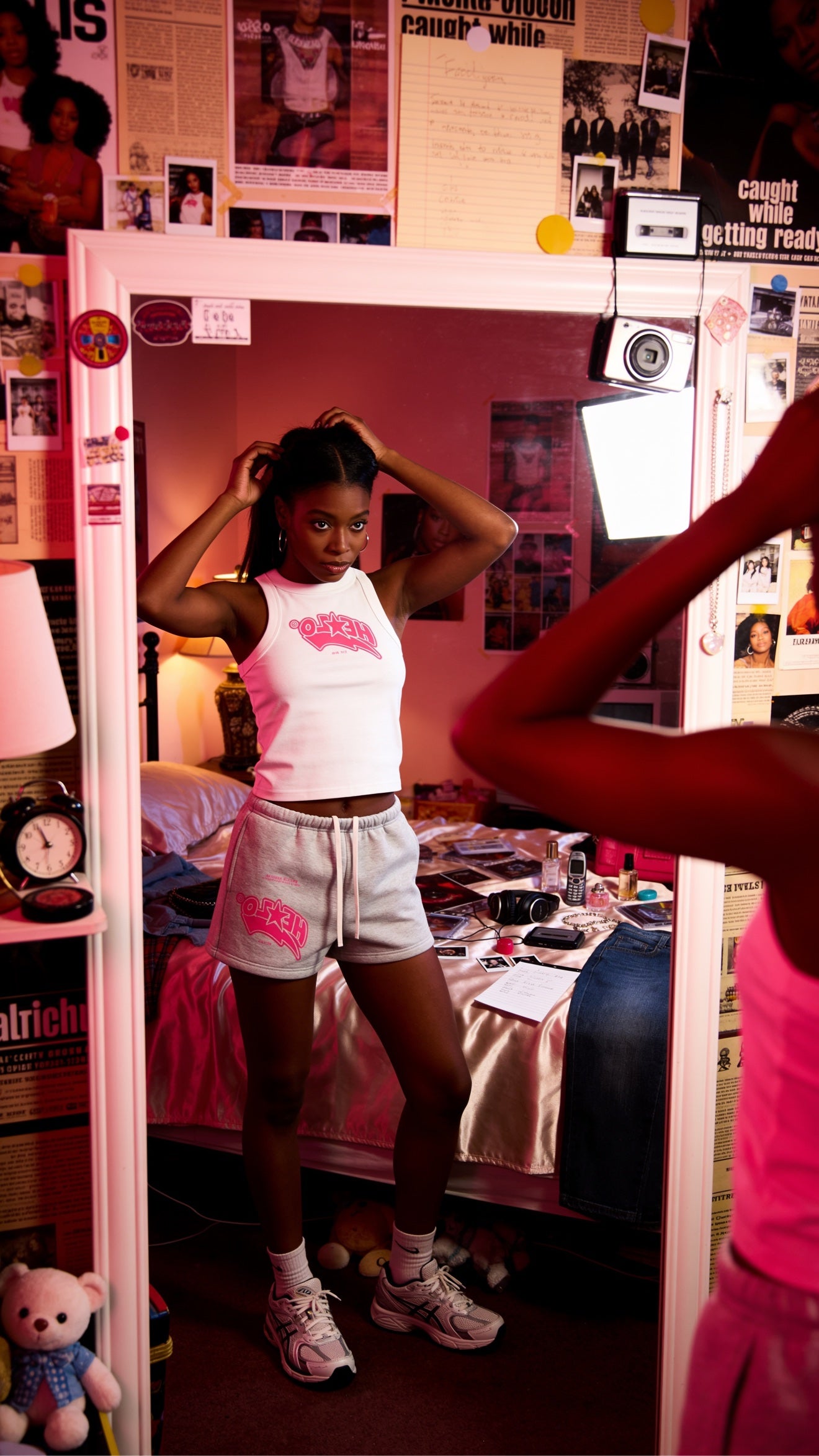 Y2K mirror selfie in HELLO pink set