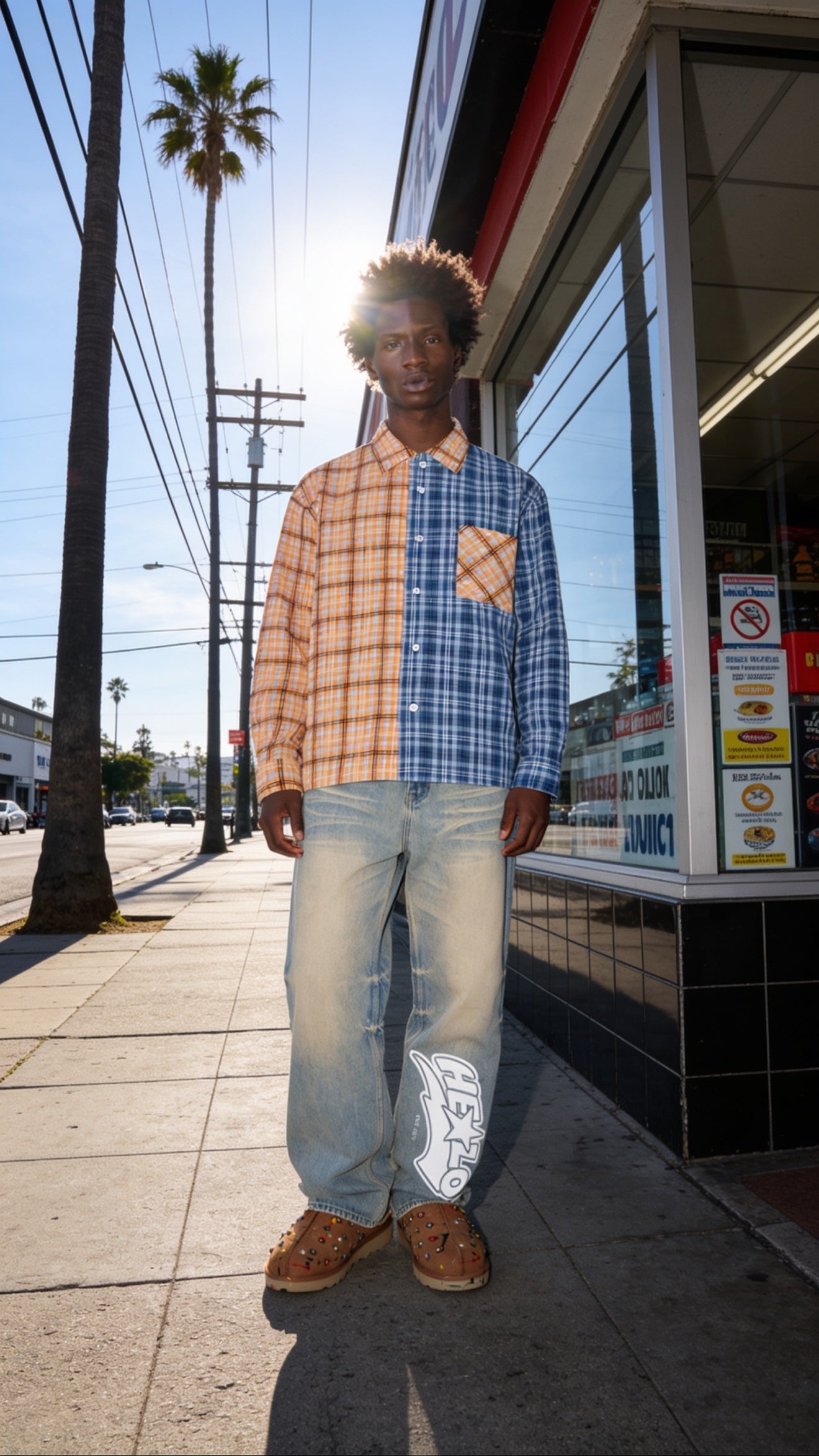 Footprint Apparel — Model D full body at a storefront wearing the split orange and blue plaid shirt and HE★LO jeans
