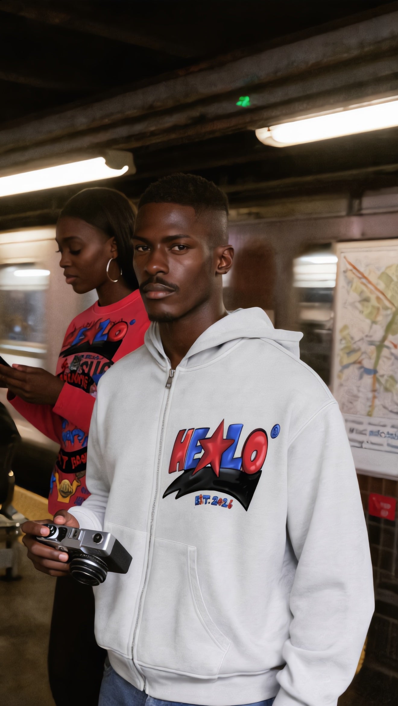 Footprint Apparel — Model A in front in the white HELLO zip hoodie holding a camera on a subway platform, woman in red behind
