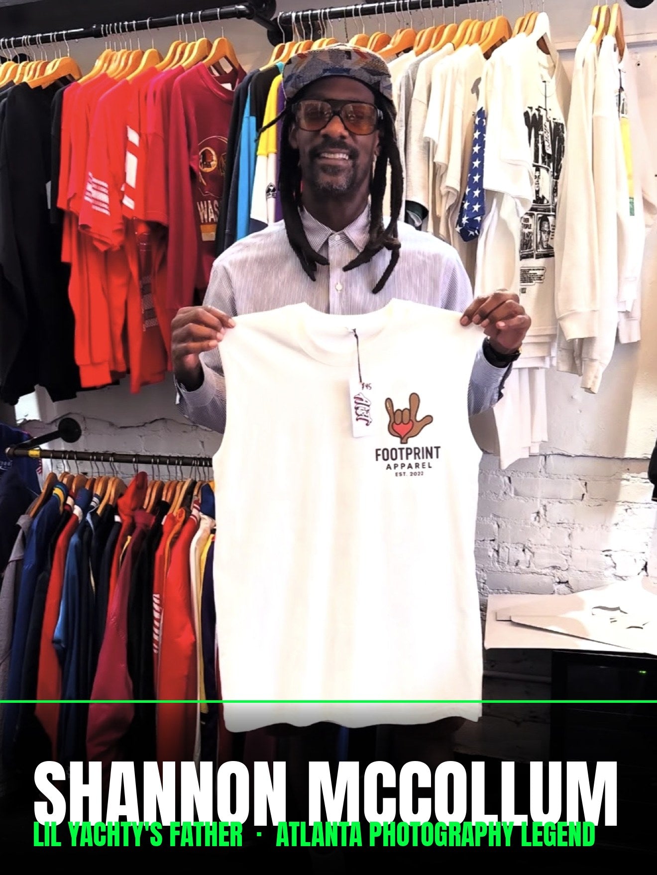 Shannon McCollum holding a Footprint Apparel tank top at A-List Atlanta